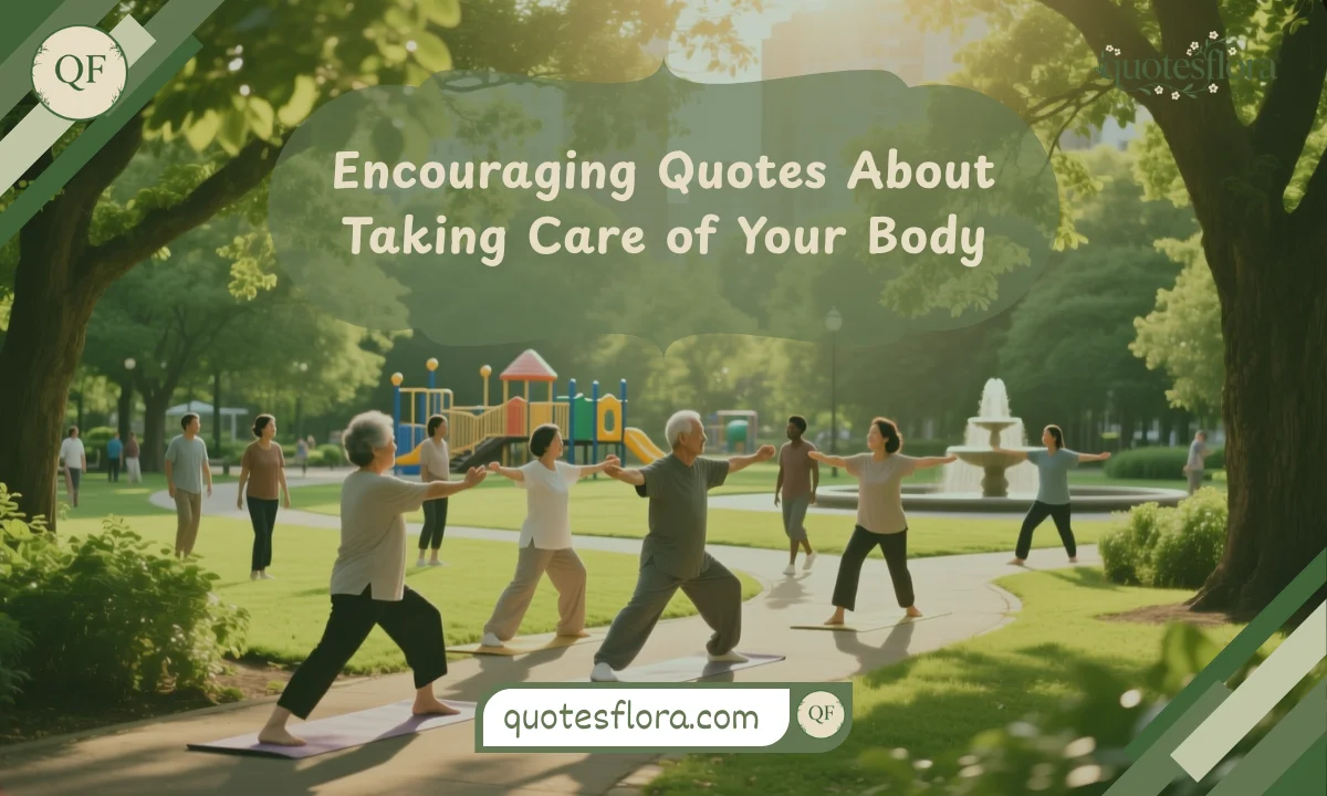 A wide park scene with people exercising gently, aligning with encouraging health quotes about caring for your body.