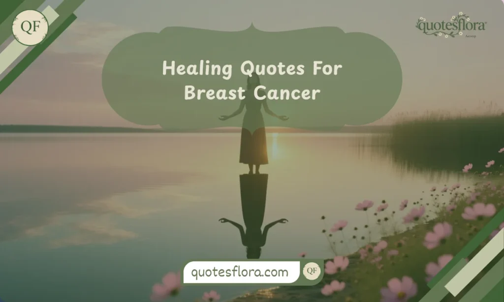 A woman standing by a calm lake at sunset, expressing healing and peace connected to meaningful breast cancer quotes.