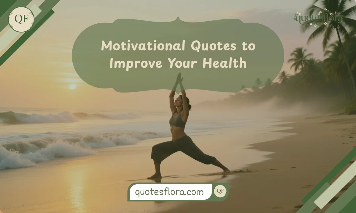 A zoomed-out beach scene with a person doing yoga, representing wellness and motivational health quotes for better living.