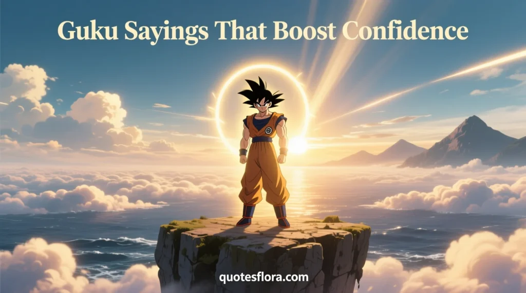 Confident Goku above the clouds with golden light representing goku sayings that boost confidence and positivity.