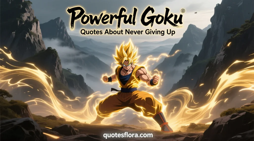 Motivational scene of Goku training in a mountain valley symbolizing powerful goku quotes about never giving up.