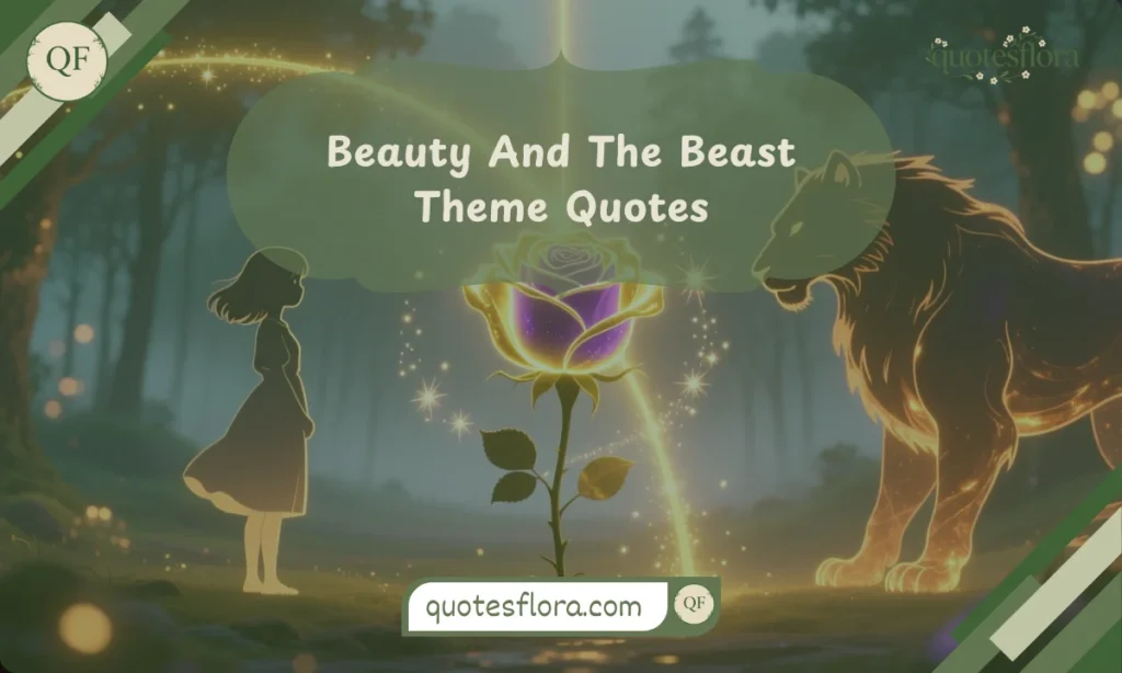 An enchanted rose with girl and beast silhouettes symbolizing beauty and the beast theme quotes in a magical setting.