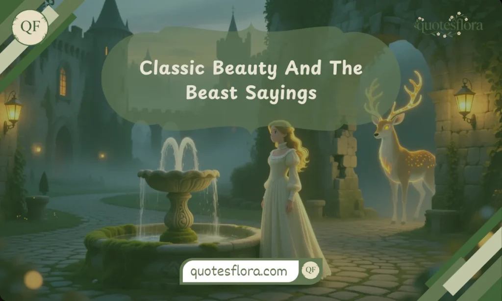 A vintage castle courtyard scene with a girl and a beast, reflecting classic beauty and the beast quotes atmosphere.