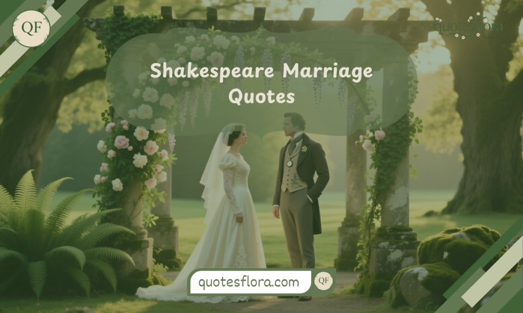 Shakespeare marriage quotes illustrated with a romantic vintage outdoor wedding scene inspired by Shakespeare love quotes.