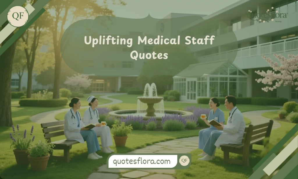 Medical staff relaxing in a hospital garden, showing positivity and uplifting healthcare quotes for motivation.