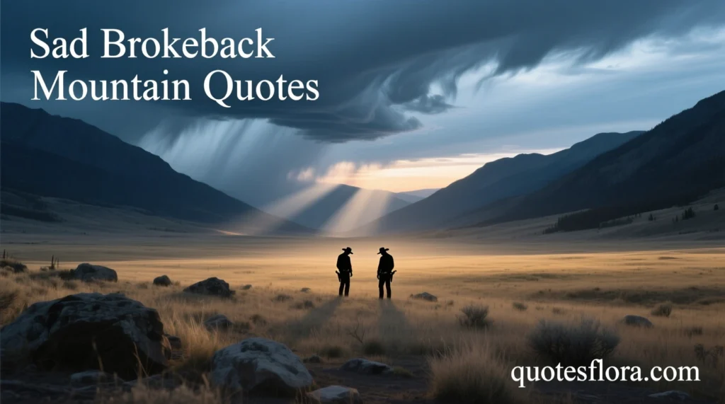 A distant emotional mountain landscape showing two cowboys apart, reflecting sad brokeback mountain quotes in a dramatic and lonely setting.