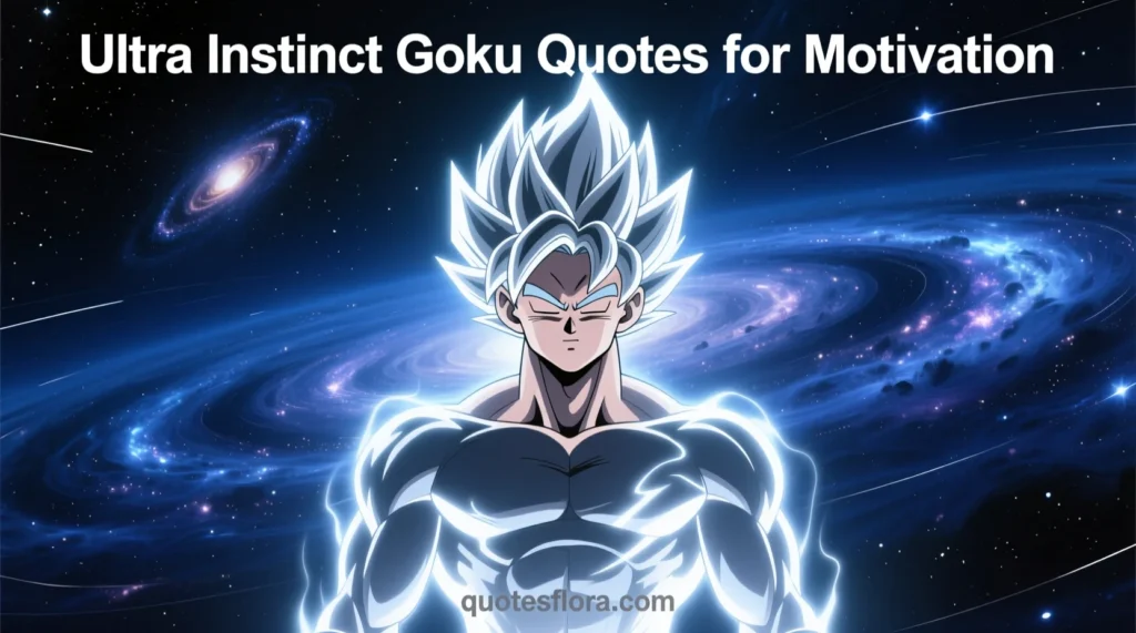 Ultra Instinct Goku glowing with silver energy in a cosmic scene representing ultra instinct goku quotes for motivation.