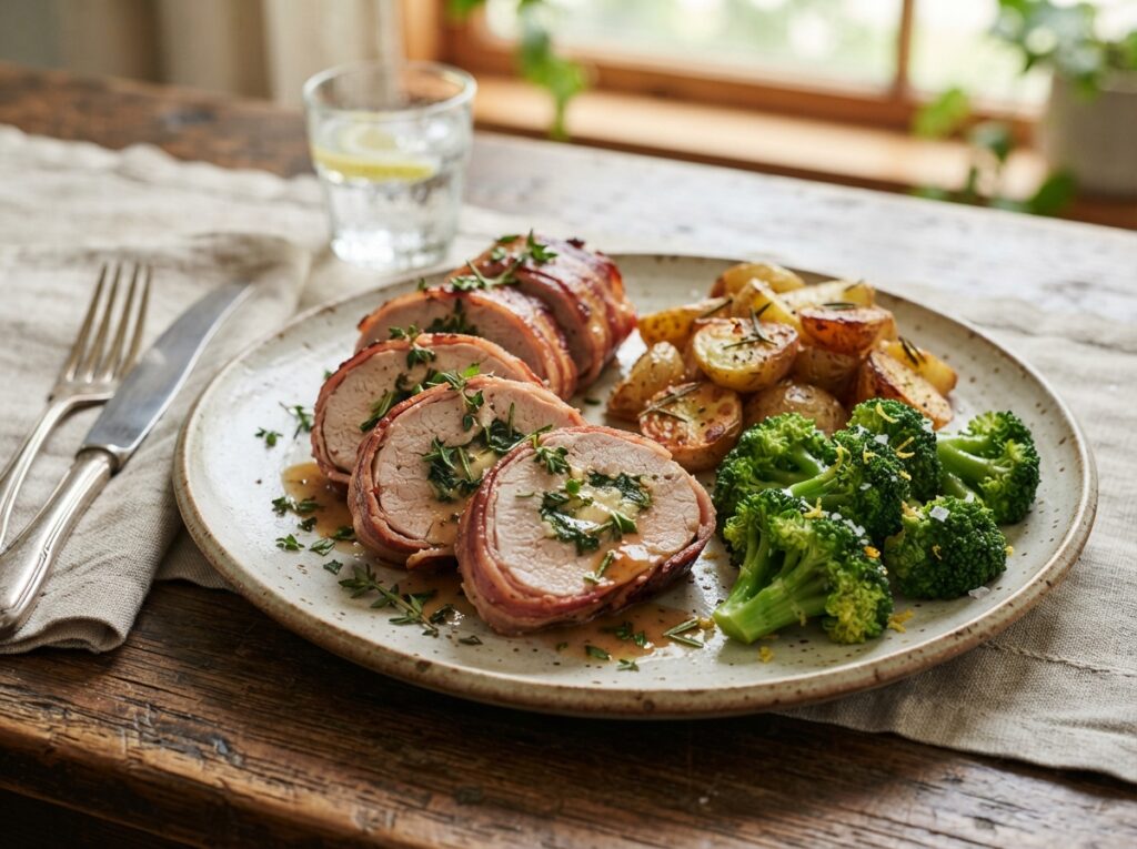 Bacon-Wrapped Stuffed Pork Tenderloin with Potatoes and Broccoli 4 Bacon Wrapped Pork Tenderloin dish 202607290133