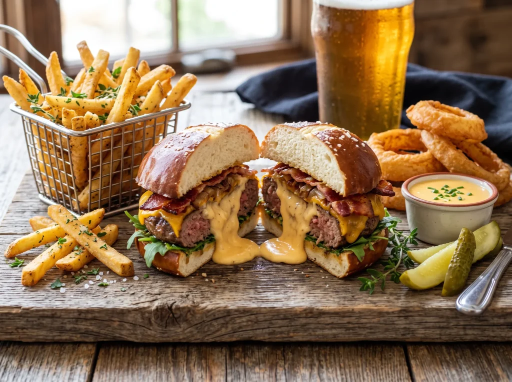 beer-cheese-bacon-pretzel-burger-with-fries.