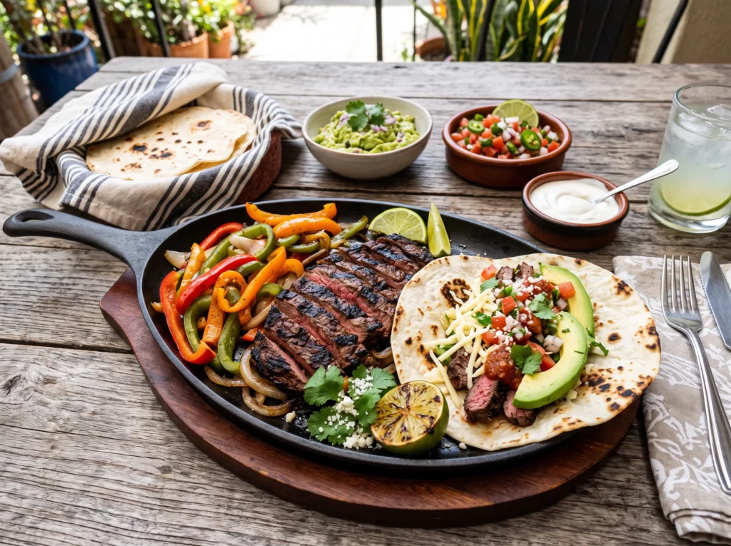 carne-asada-fajitas-with-tortillas-and-guacamole