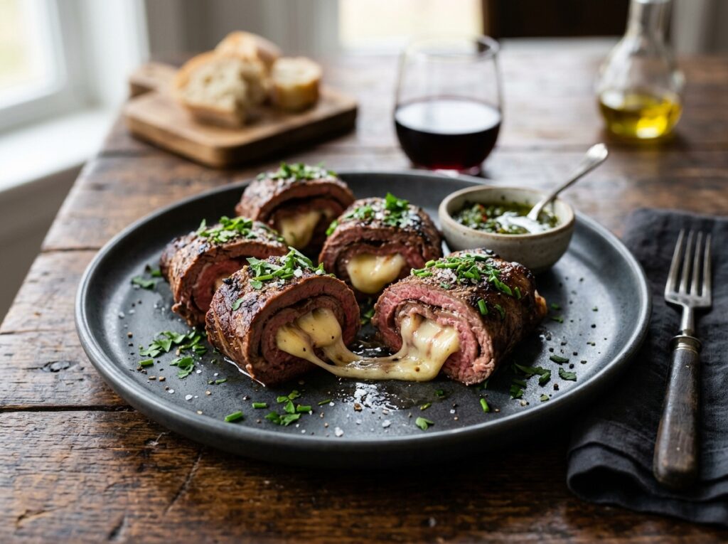 Cheesy Steak Roll-Ups with Caramelized Onions & Garlic Butter 4 Cheesy steak roll ups plated dar… 202607291701