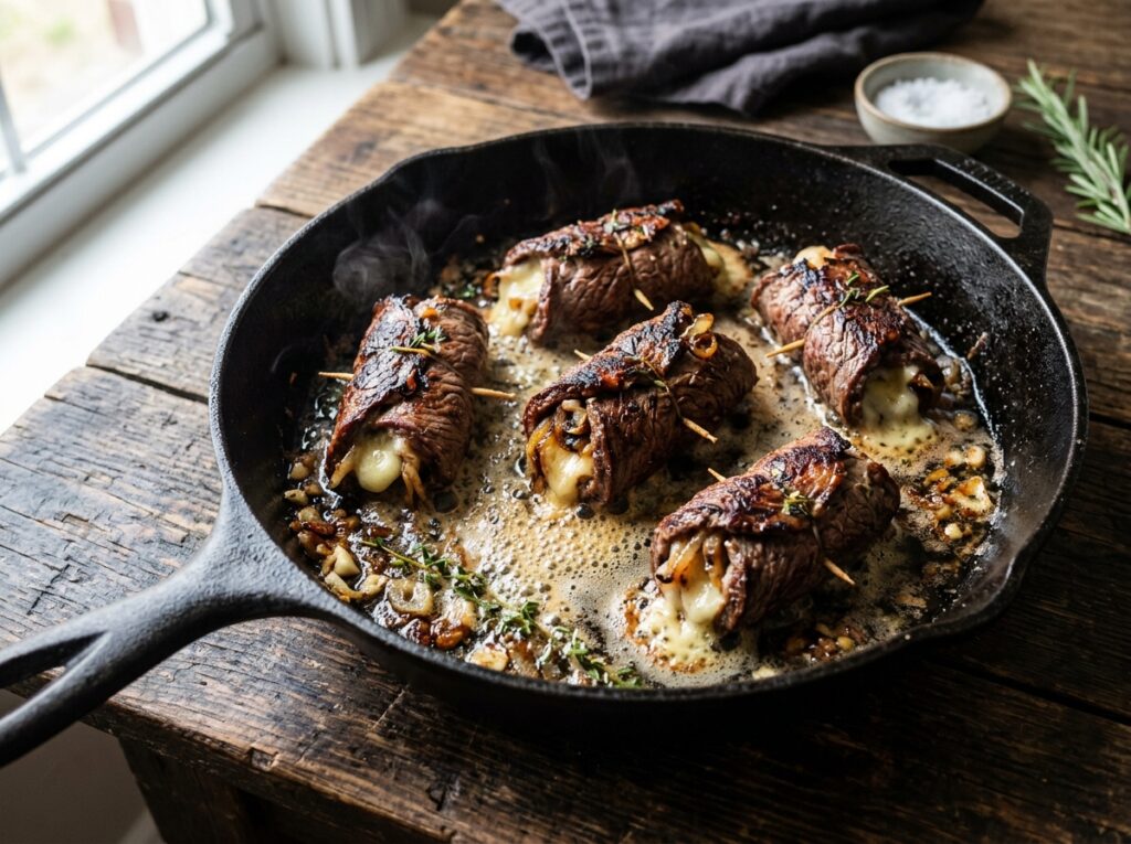 Cheesy Steak Roll-Ups with Caramelized Onions & Garlic Butter 3 Cheesy steak roll ups searing sk… 202607291701
