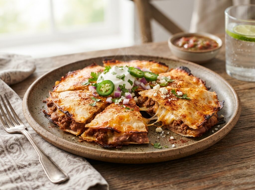 Cheesy Folded Tortilla Bake Recipe | Easy & Crispy 4 Cheesy tortilla bake plated 202607132113