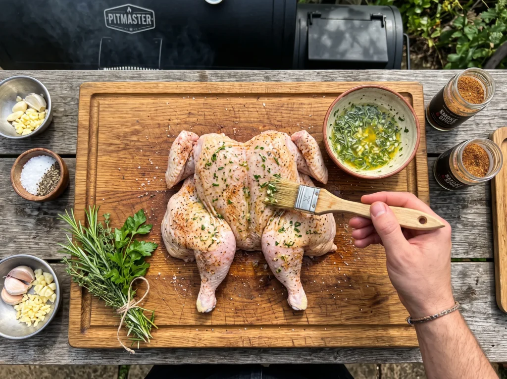 The Ultimate Smoked Spatchcock Chicken with Herb Butter Baste 2 how-to-baste-smoked-spatchcock-chicken