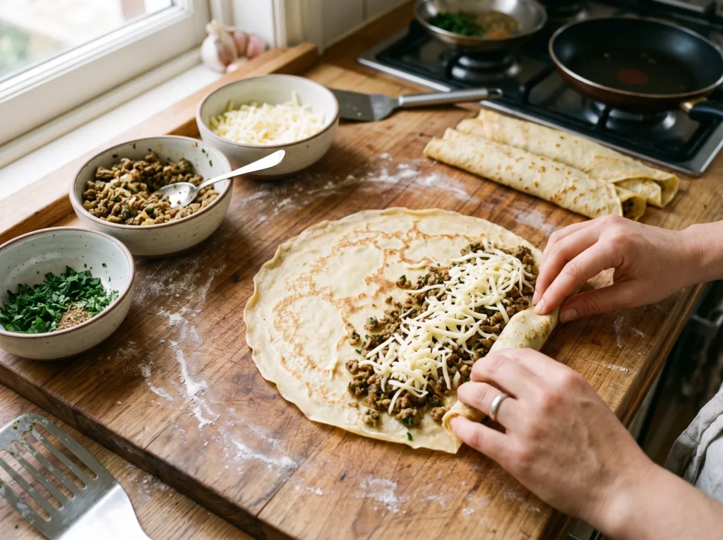 Baked Meat & Cheese Crepe Rolls 2 how-to-roll-baked-meat-cheese-crepes