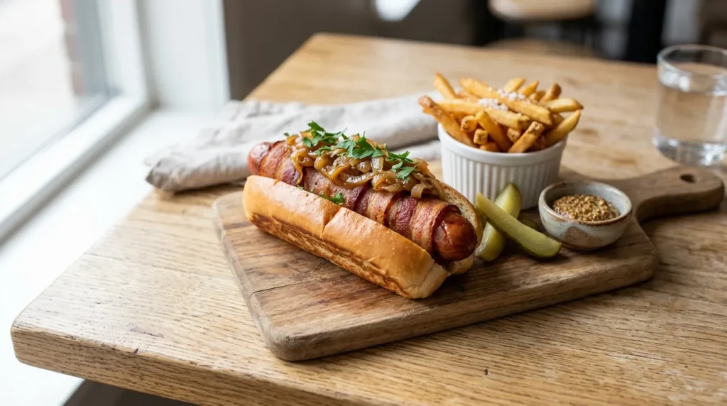Bacon-Wrapped Caramelized Onion Hot Dog 3 bacon-wrapped-caramelized-onion-hot-dog-served-with-fries