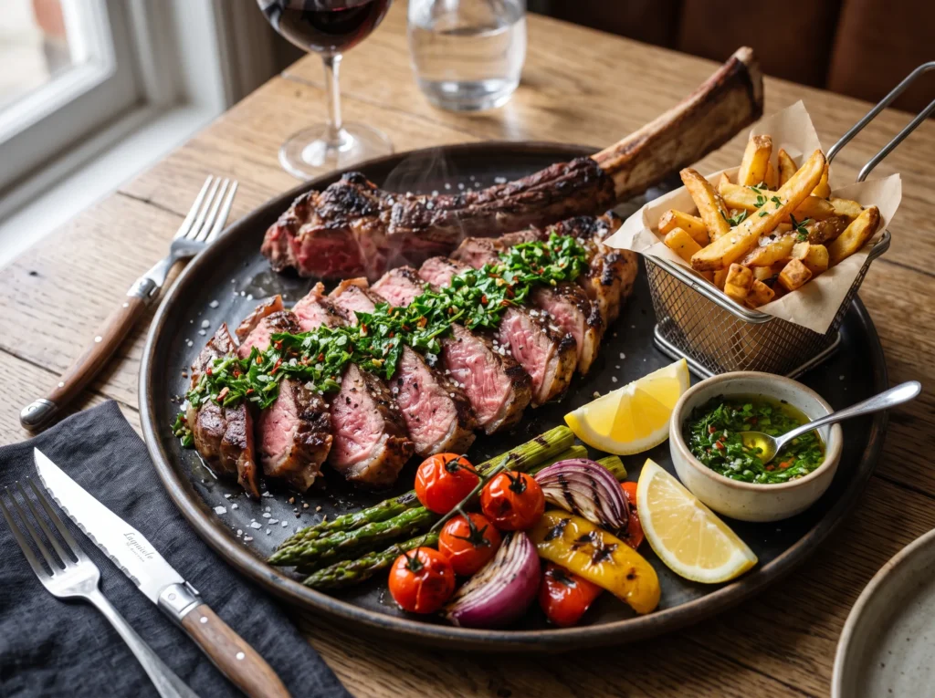 Grilled Tomahawk Steak with Chimichurri and Fries 3 grilled-tomahawk-steak-with-chimichurri-and-fries-serving