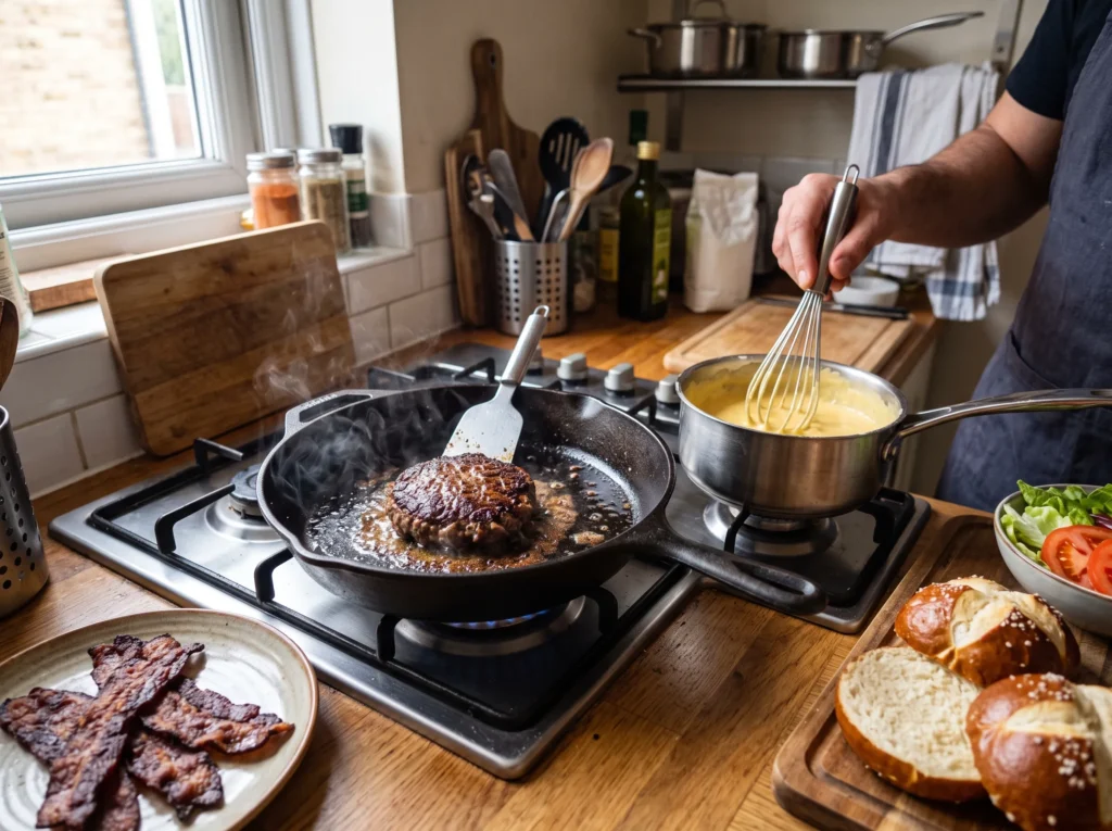 how-to-make-beer-cheese-bacon-pretzel-burger