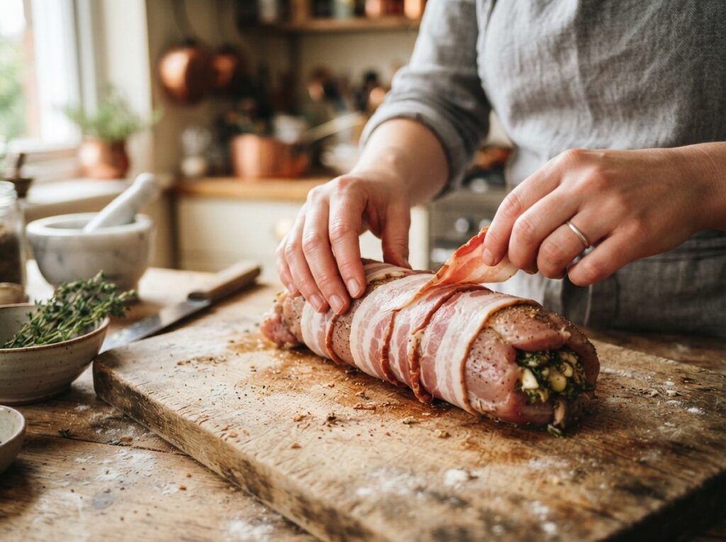 Bacon-Wrapped Stuffed Pork Tenderloin with Potatoes and Broccoli 3 Hand wrapping pork tenderloin bacon 202607290133