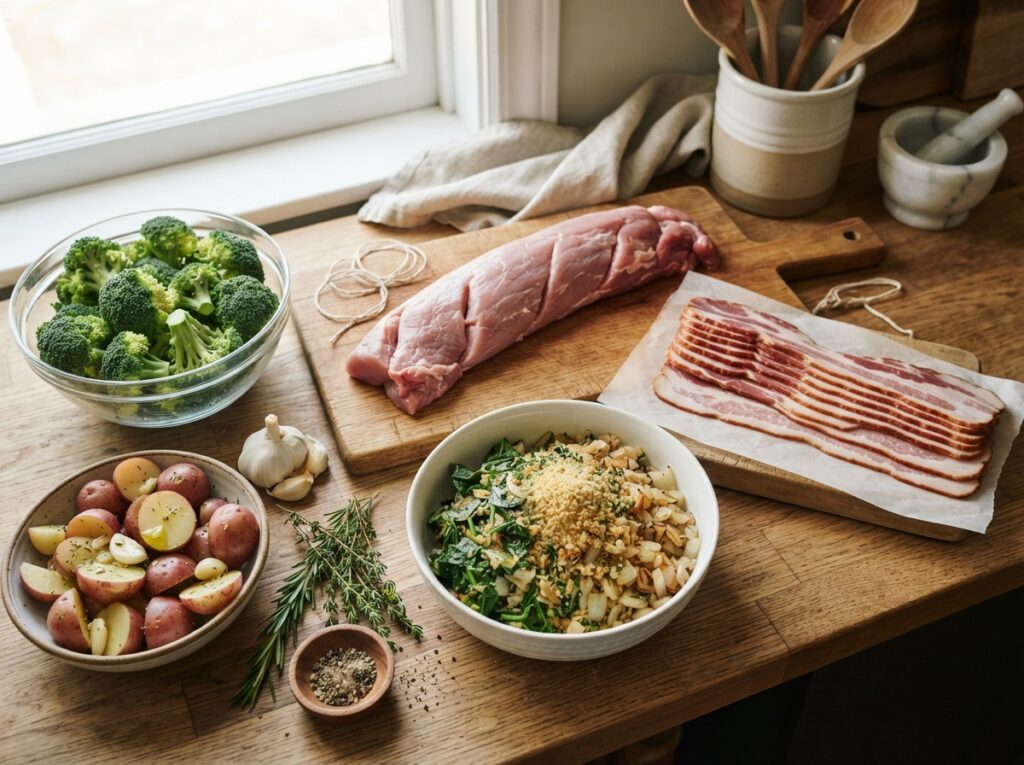 Bacon-Wrapped Stuffed Pork Tenderloin with Potatoes and Broccoli 2 Pork tenderloin bacon broccoli p… 202607290133