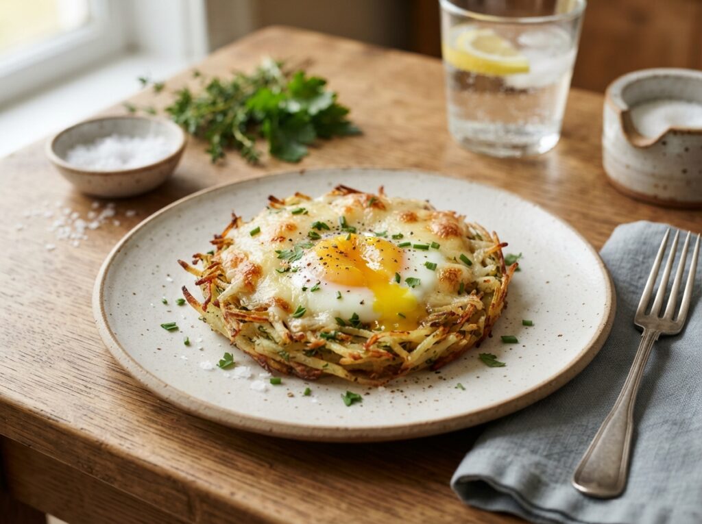 Crispy Potato Egg Nest Recipe with Cheese: An Easy One-Pan Breakfast You'll Love 4 Potato egg nest plated 202607110312 1