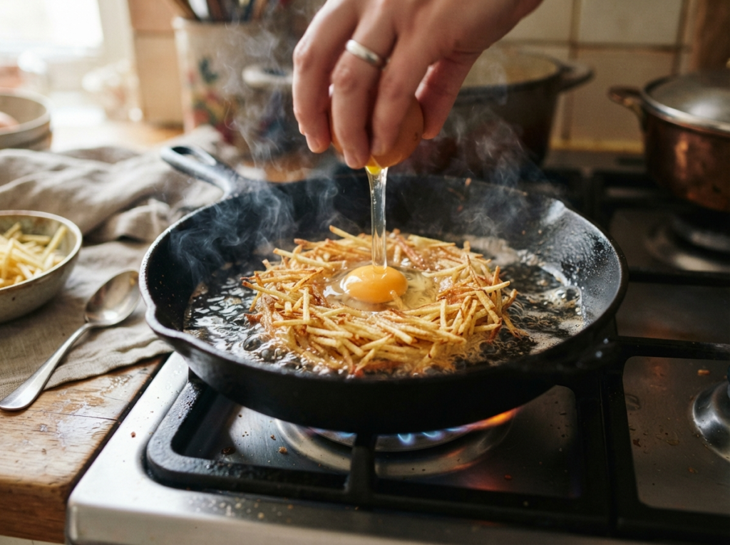 Crispy Potato Egg Nest Recipe with Cheese: An Easy One-Pan Breakfast You'll Love 3 Potatoes fried in skillet egg 202607110312 1