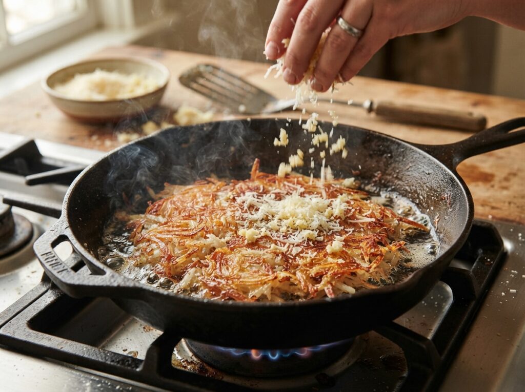 Crispy Garlic Parmesan Hash Browns Recipe You’ll Crave 3 Potatoes pan fried in skillet 202608010130