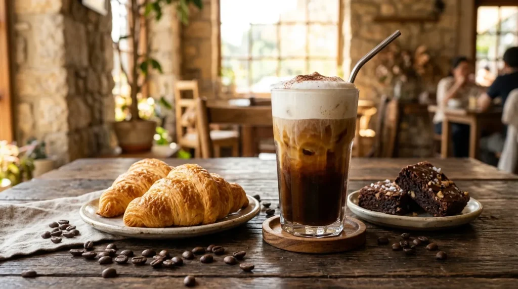creamy-iced-cold-foam-coffee-with-croissants