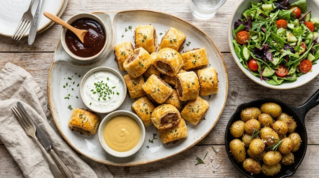 gourmet-sausage-rolls-with-fig-date-bbq-sauce-serving-platter