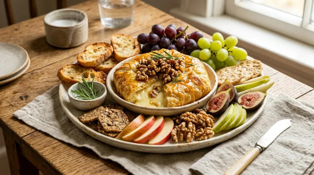 honey-walnut-baked-brie-with-crackers-and-fruit