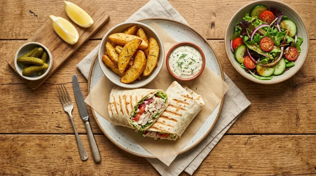creamy-chicken-wrap-with-herb-mayo-and-potato-wedges
