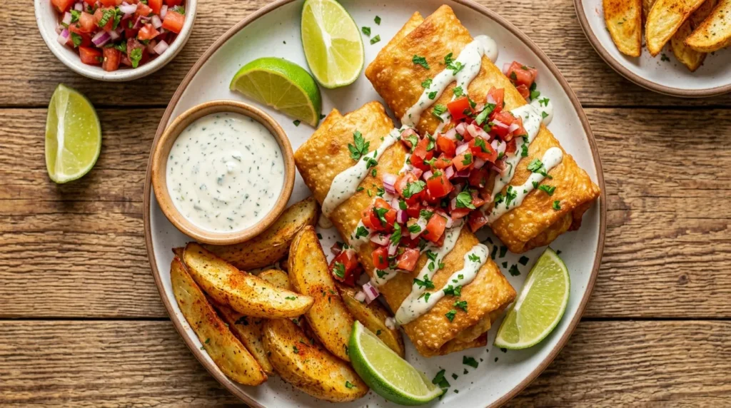 crispy-buffalo-chicken-chimichanga-with-herb-sauce