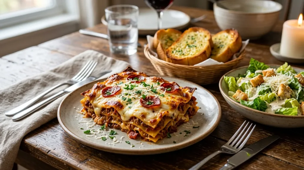 pizza-lasagna-with-garlic-bread
