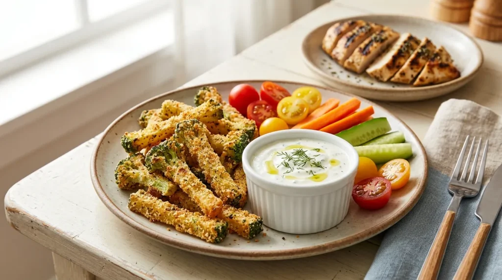 high-protein-broccoli-fries-with-garlic-yogurt-sauce