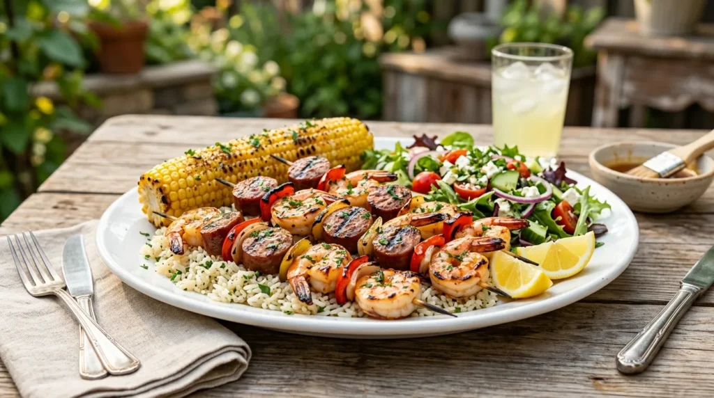 Honey Butter Shrimp & Sausage Skewers 3 honey-butter-shrimp-sausage-skewers-served-with-rice