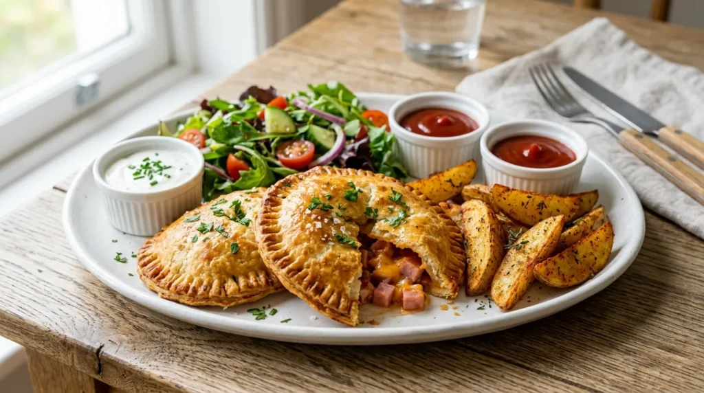 Air Fryer Ham & Cheese Meat Pie 3 air-fryer-ham-cheese-meat-pie-served-with-potato-wedges