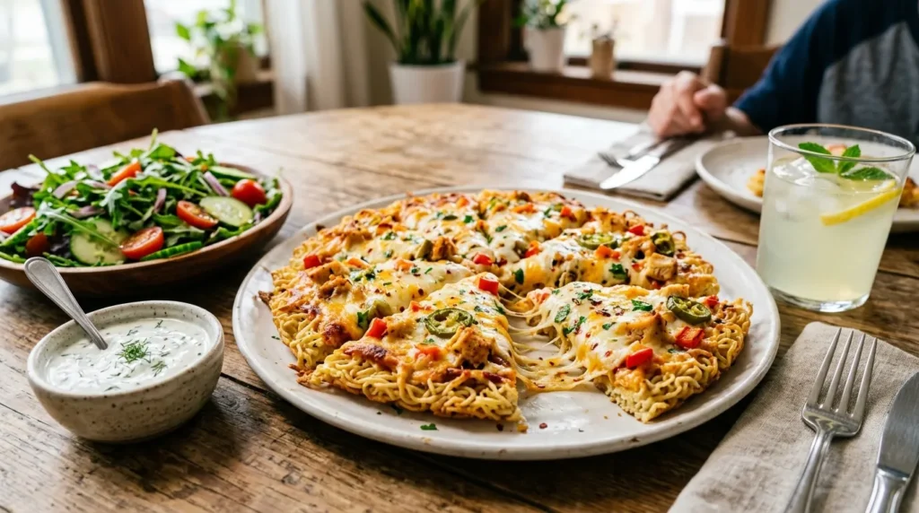 cheesy-noodle-pizza-with-garlic-yogurt-dip