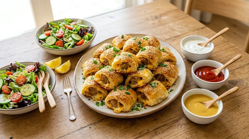 Golden Cheesy Sausage Pastry Rolls 3 golden-cheesy-sausage-pastry-rolls-with-garlic-yogurt-dip