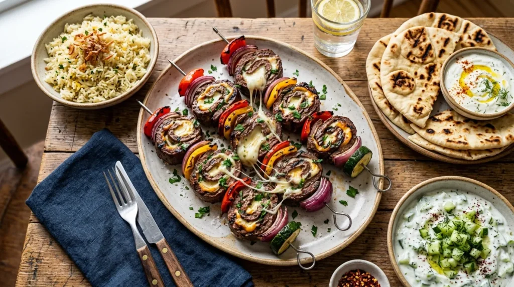 cheesy-beef-pinwheel-kebabs-with-garlic-rice