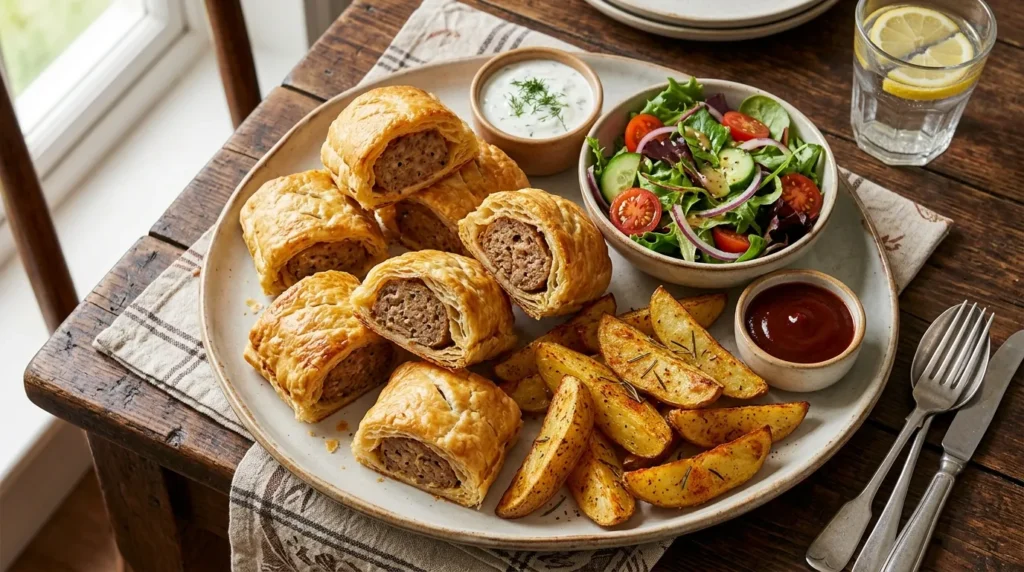 Flaky Sausage Rolls 3 flaky-sausage-rolls-with-garlic-yogurt-dip