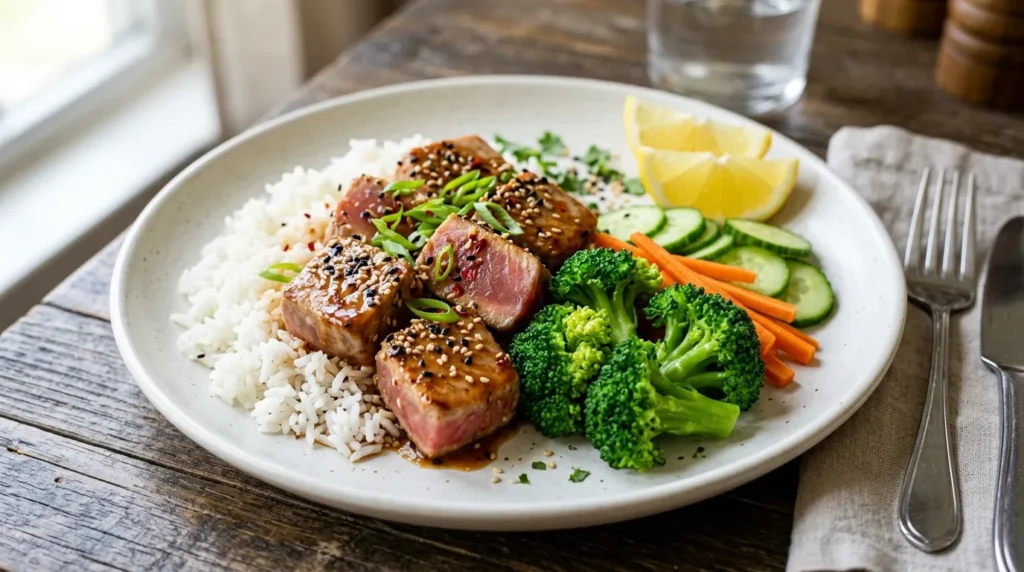 Soy Butter Glazed Seared Tuna Bites 3 soy-butter-glazed-seared-tuna-bites-served-with-rice