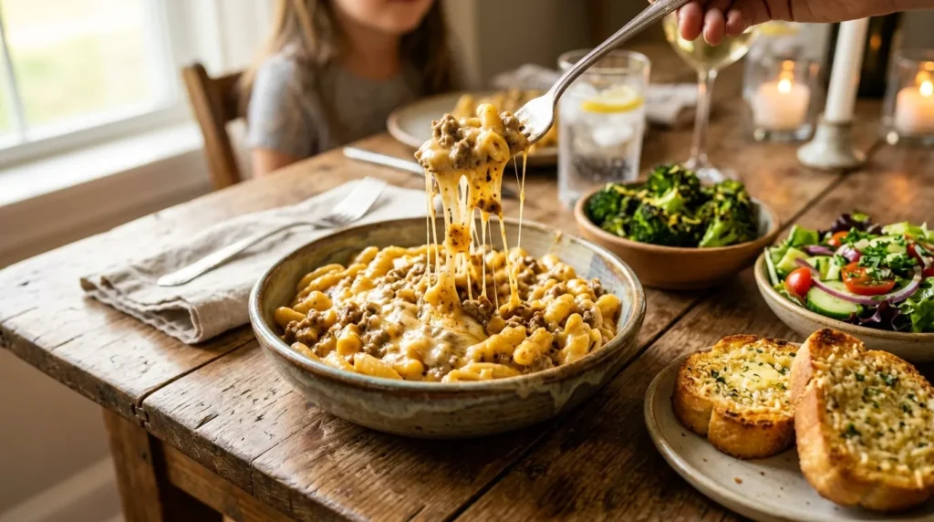 gourmet-cajun-beef-mac-and-cheese-with-garlic-bread