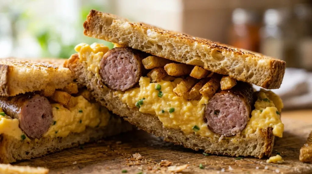 sausage-shoestring-fries-egg-sandwich-served-with-fries