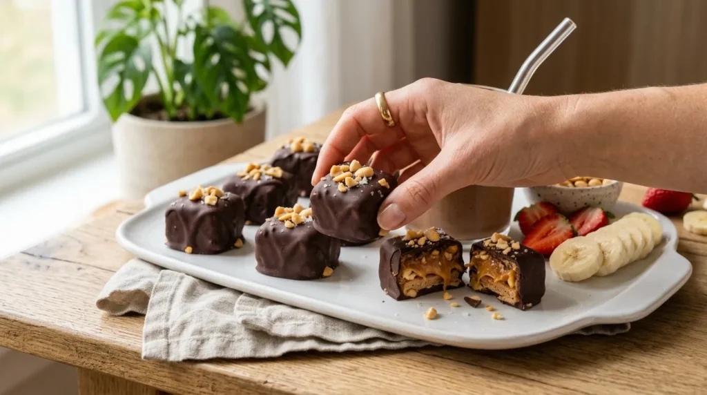 protein-snickers-bites-with-protein-smoothie