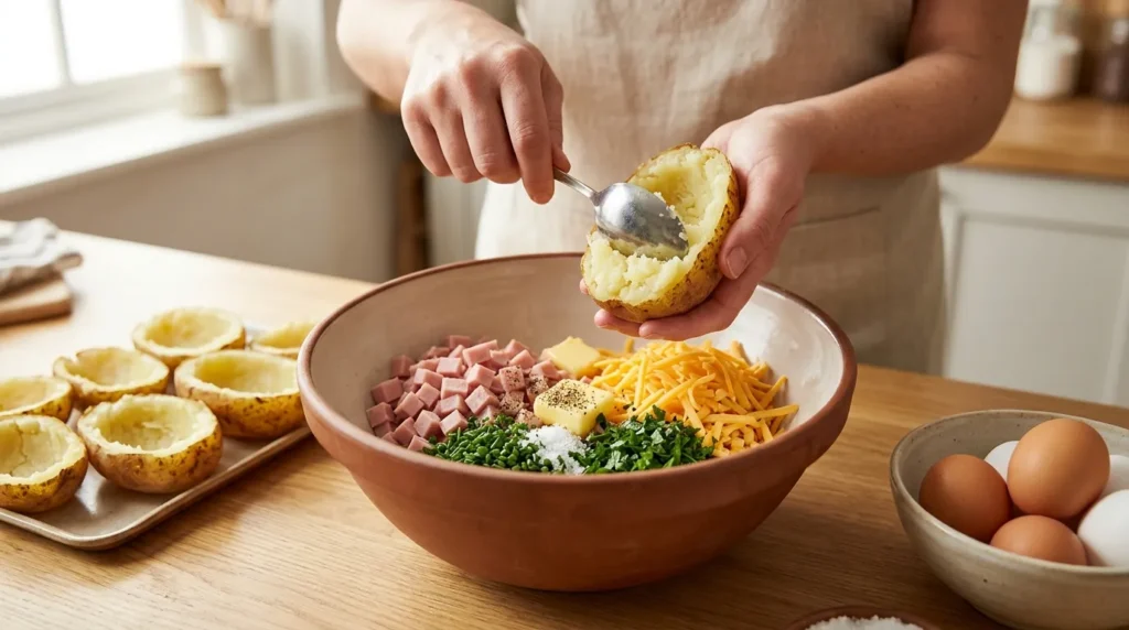 Ham and Egg Stuffed Potato Boats 2 how-to-make-ham-and-egg-stuffed-potato-boats