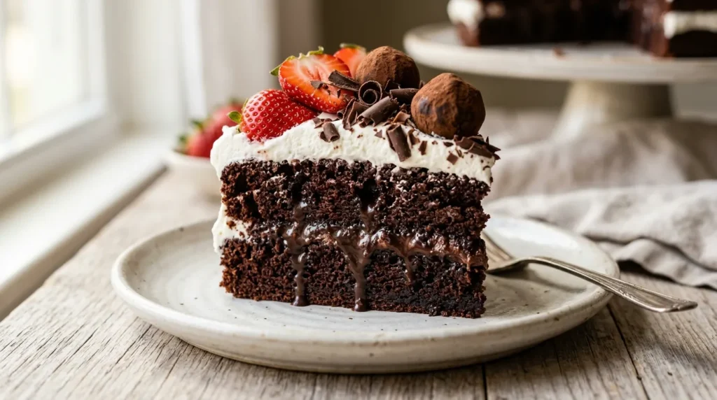 Chocolate Poke Cake with Strawberries and Truffles 3 chocolate-poke-cake-slice-with-strawberries-and-truffles