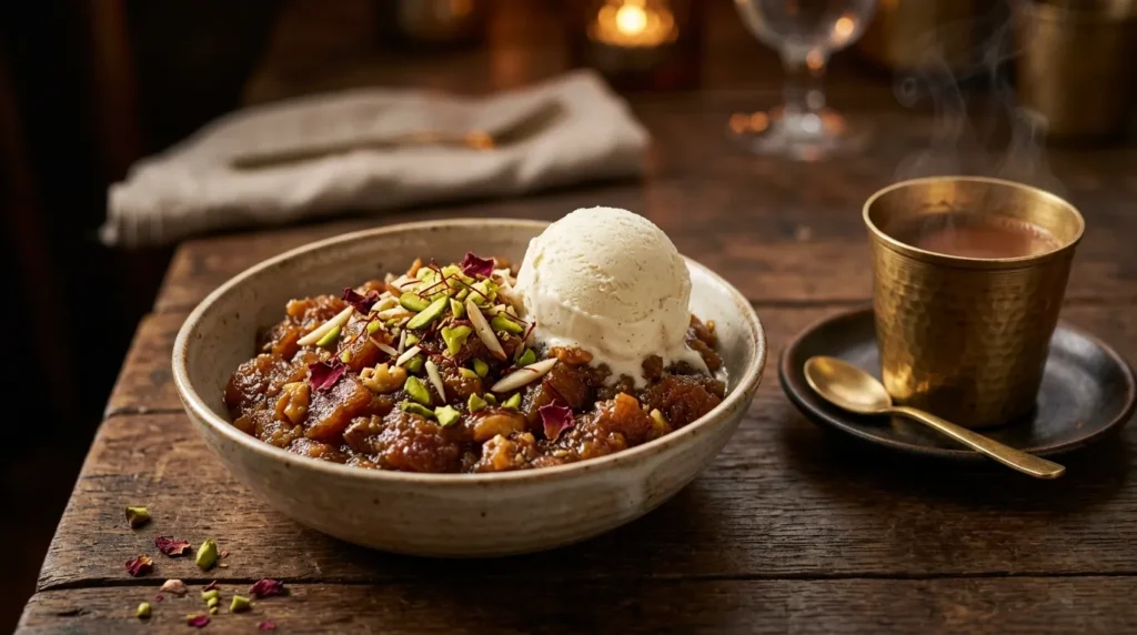 gourmet-bread-halwa-with-vanilla-ice-cream