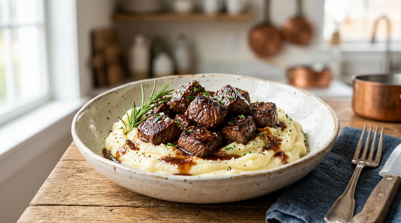 Seared steak bites mashed potatoes 202607311926