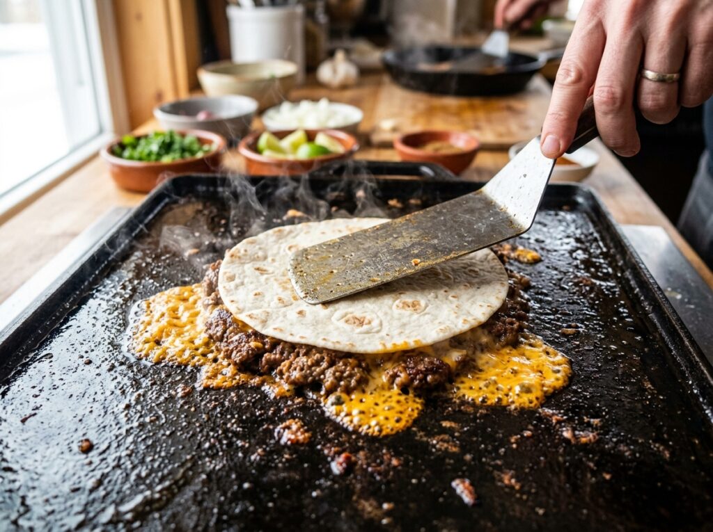 Smash Tacos with Melted Cheese, Pico & Lime Crema 3 Smash tacos cooking on griddle 202607291652