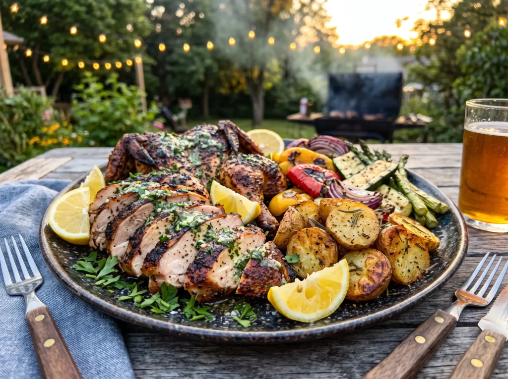 The Ultimate Smoked Spatchcock Chicken with Herb Butter Baste 3 served-smoked-spatchcock-chicken-with-side-dishes
